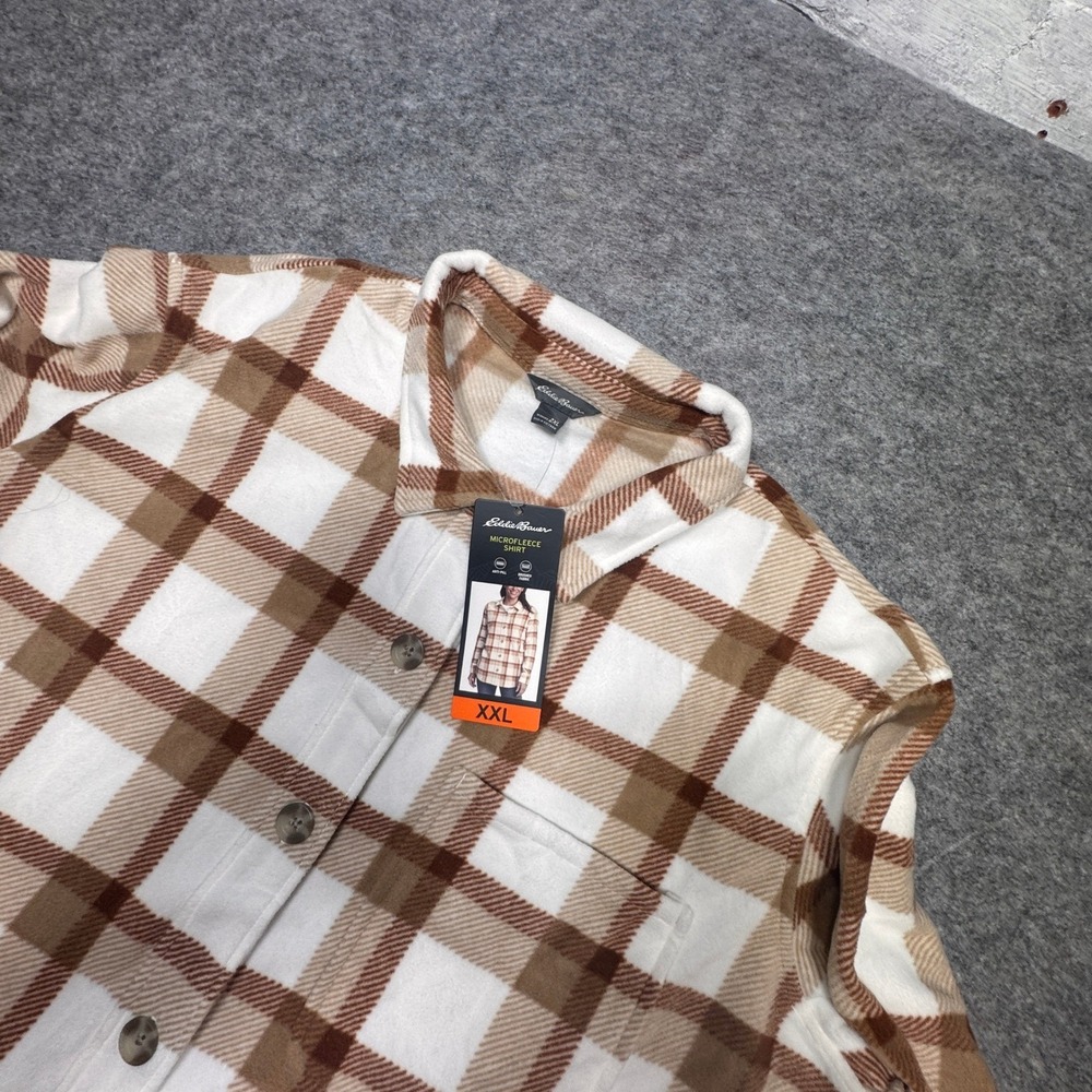 Eddie Bauer Womens XXL Microfleece Button-Up Shirt Brown Plaid Shacket NWT